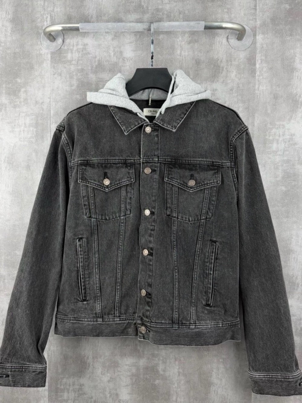 Celine Black Washed Denim Jacket with Light Gray Hood